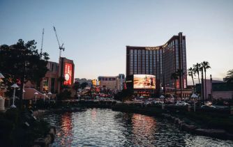 View of Treasure Island Hotel in Las Vegas at dusk.