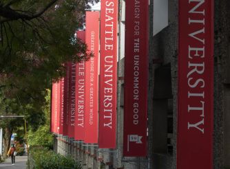 Seattle University banners displayed on campus.