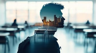 A silhouette of a student with a background featuring a classroom and a city skyline, symbolizing the intersection of education and immigration policies.