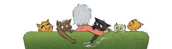 An animated scene featuring a character interacting with a group of whimsical cats.