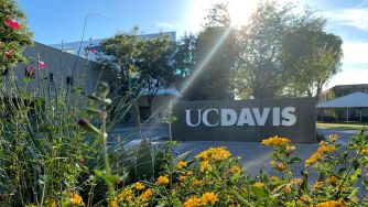 Signage for the University of California, Davis, with flowers and trees in the foreground.