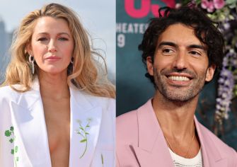Side-by-side portrait photos of Blake Lively (left) and Justin Baldoni (right).