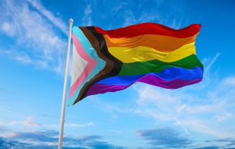 Pride flag waving against a blue sky, representing LGBTQ+ rights and inclusion.