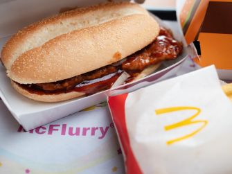Close-up of a McRib sandwich with barbecue sauce in a bun, placed in McDonald's packaging beside fries and a McFlurry wrapper.