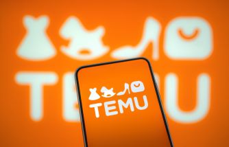 Smartphone displaying the Temu logo with a blurred background featuring shopping-related icons.
