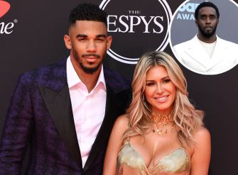 A man and woman posing together at a red carpet event, with a smaller inset image of Sean "Diddy" Combs.