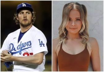 Image split showing a baseball player in a Los Angeles Dodgers uniform on the left and a woman in a brown top on the right.