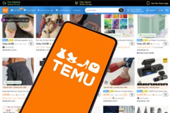 Orange Temu app icon on a smartphone screen with a grid of product listings in the background