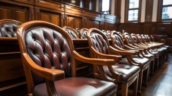 Row of wooden jury chairs in a courtroom.
