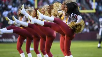 Cheerleaders performing during a game, showcasing their dance routine and team spirit.