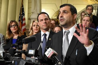 A group of Pennsylvania lawmakers discussing House Bill 156, which aims to expand hearsay admissibility for minors in sex offense cases.