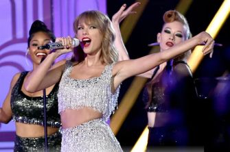 Taylor Swift performing on stage with backup dancers, showcasing her energetic performance style.
