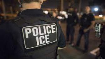 A law enforcement officer in a tactical vest with "POLICE ICE" visible on the back, standing with other officers in a nighttime setting.