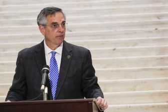 Georgia Secretary of State Brad Raffensperger speaking during a press conference regarding the hand recount of the presidential election results.