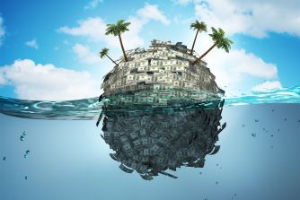 A conceptual illustration of a globe partially submerged in water, composed of money and featuring palm trees, symbolizing wealth and fraud.